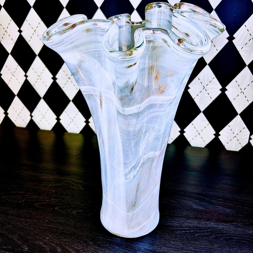 White Opaline Art Glass Vase 15" Ruffled Aventurine Statement - Picture 8 of 17